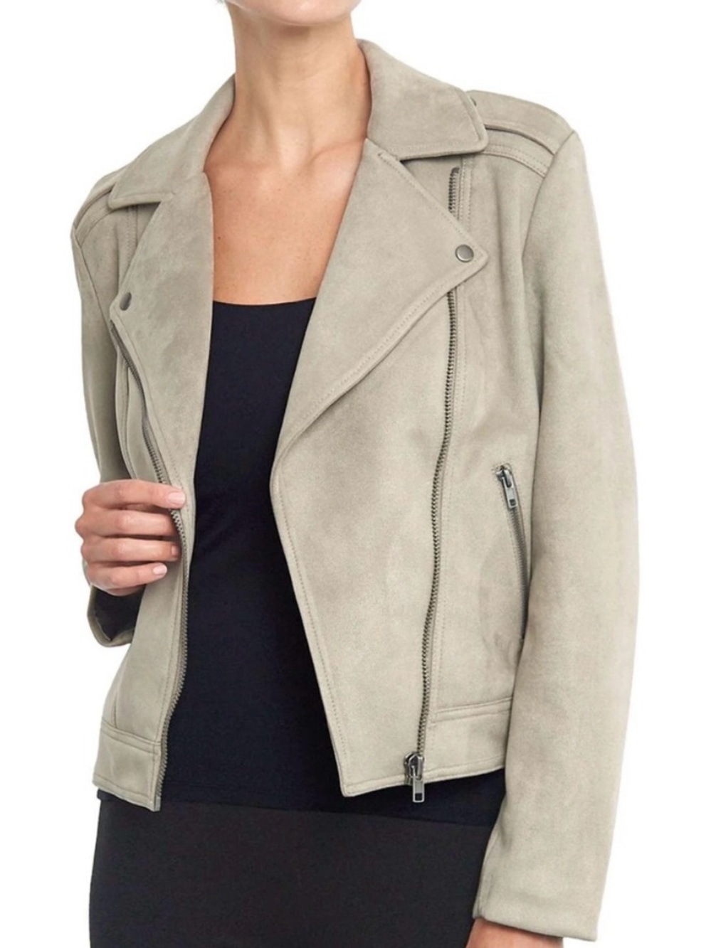 Philosophy Womens Faux Suede Moto Jacket Size L Asymmetrical Zipper Taupe Beige